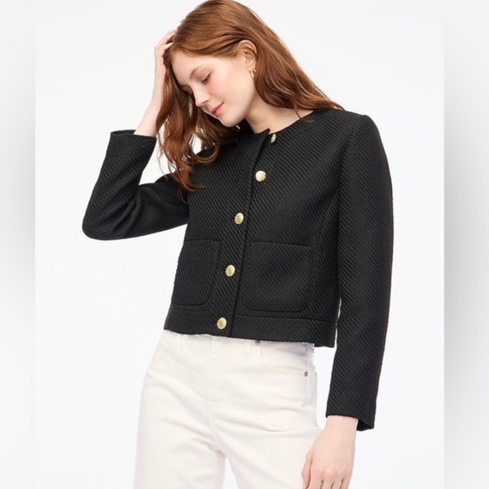 J.Crew Factory Black Tweed Lady Jacket BS928 Gold Button Pocket quiet Luxury